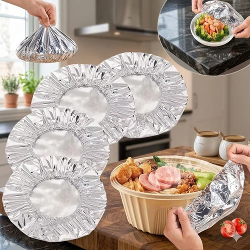 50pcs food grade aluminum foil film insulation cover adjustable fresh keeping food storage lids 500x500
